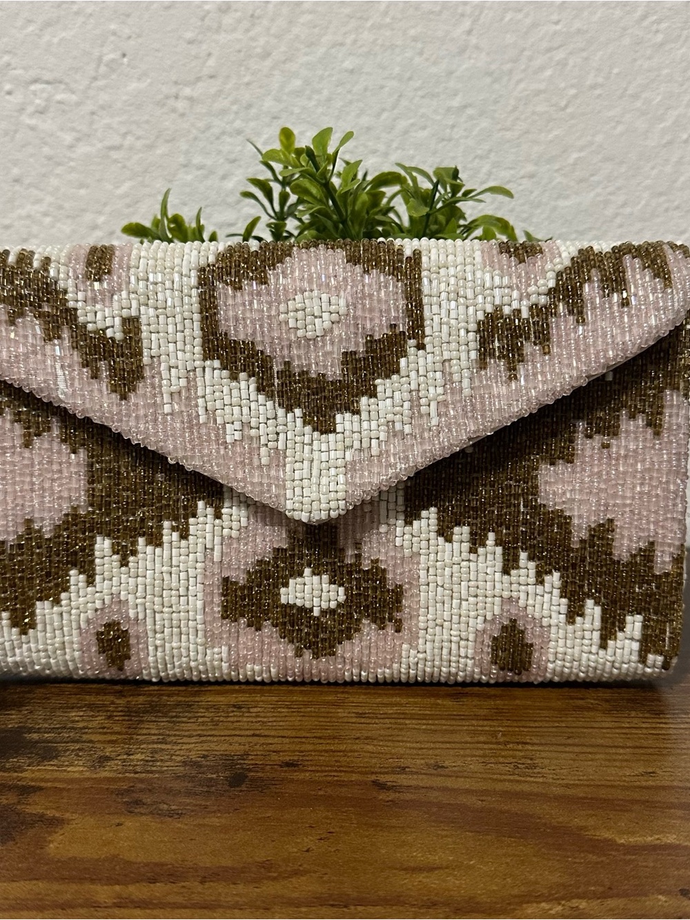 Beaded Envelope Clutch in Pink, White & Brown